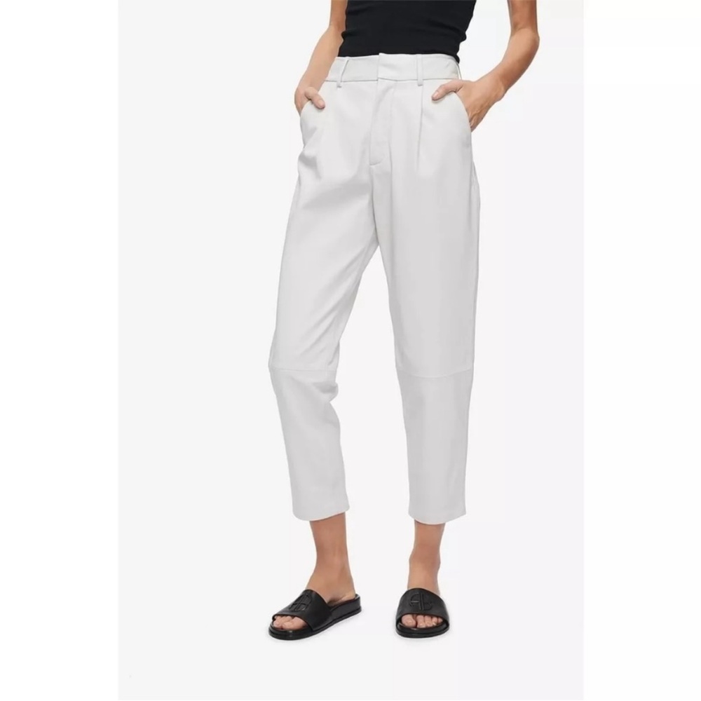 Anine Bing Becky Pleat Front Tapered‎ Leather Pants Ankle Cropped Cream White 34